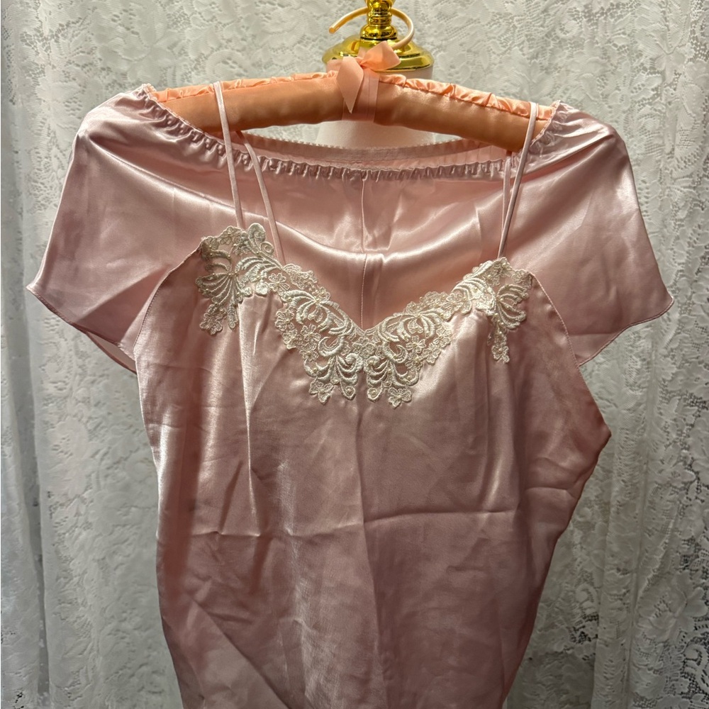 Victoria's Secret Gold Label Vintage Blush Satin Top with Lace Detail
